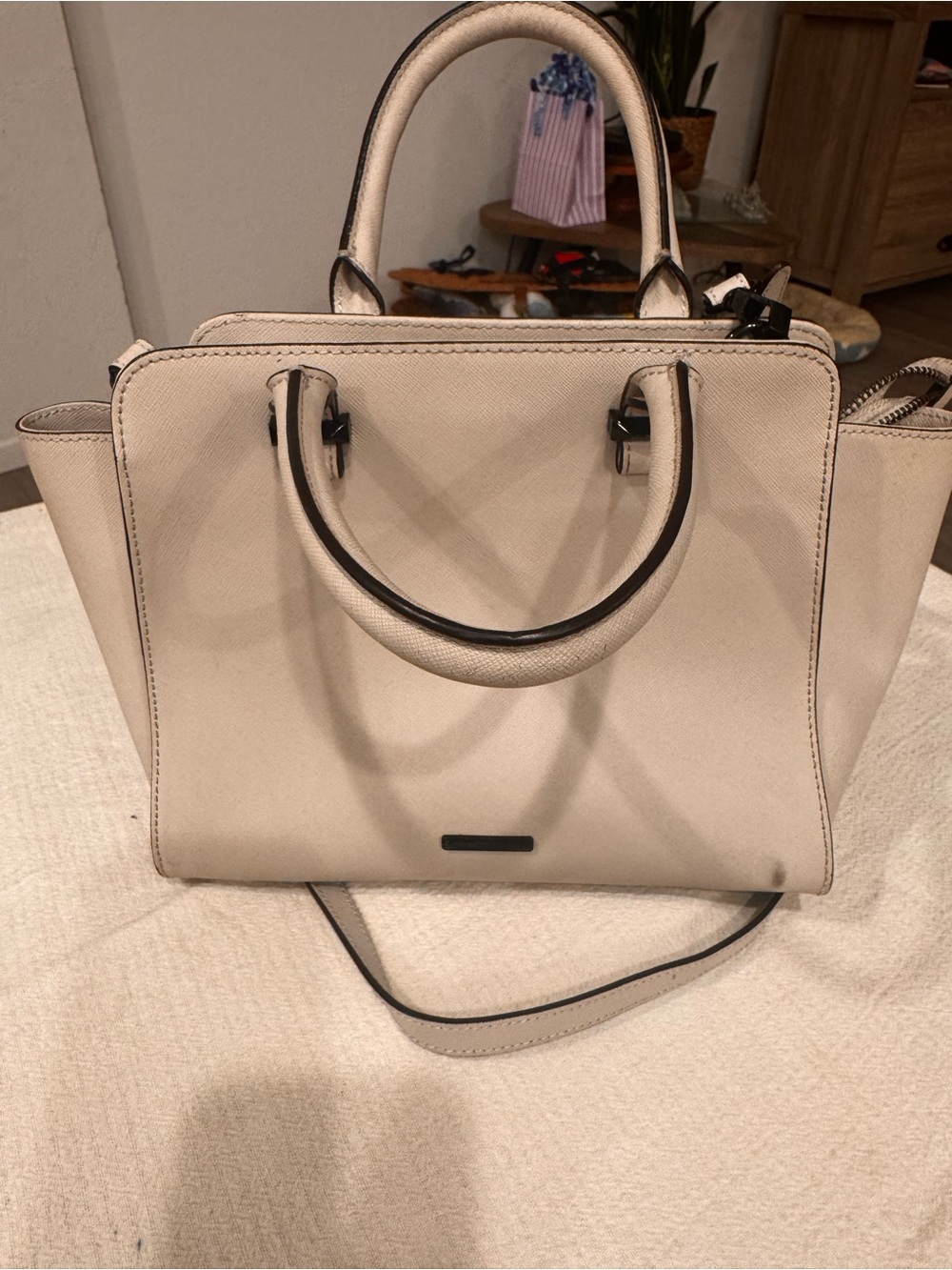 Nine West Cream Structured Satchel with Black Trim